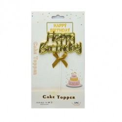 Gold Happy Birthday Cake Topper with ribbon