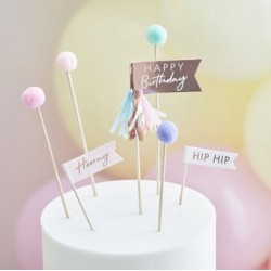 Happy Birthday Pom Poms and Flags Cake Topper
