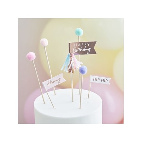 Happy Birthday Pom Poms and Flags Cake Topper