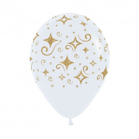 12"Gold Diamond Glitter on White Latex Balloon